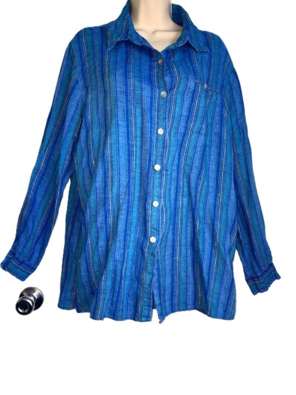 CHICOS Design Striped LINEN  Long Sleeve Button-Down Shirt Womens Size 2 (Large)
